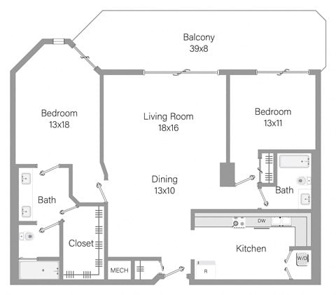 Floor plan for 2 beds, 2 baths, 1404 sqft